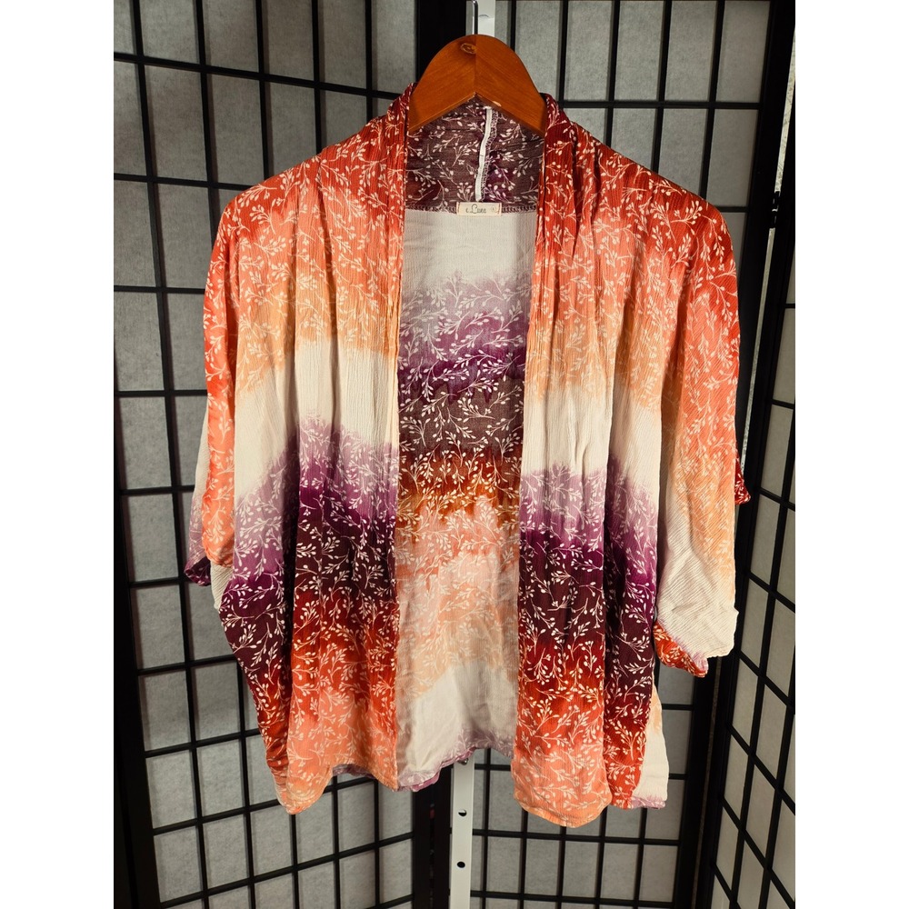 e.Luna Womens Floral Ombre Kimono Cardigan Orange Purple Open Front Large